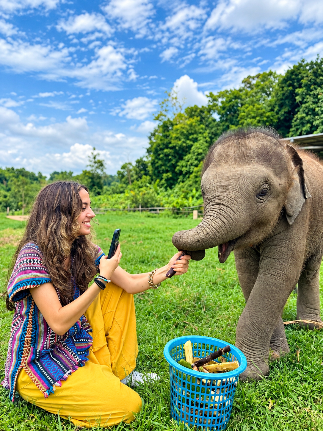 Rescued elephant living freely at the sanctuary