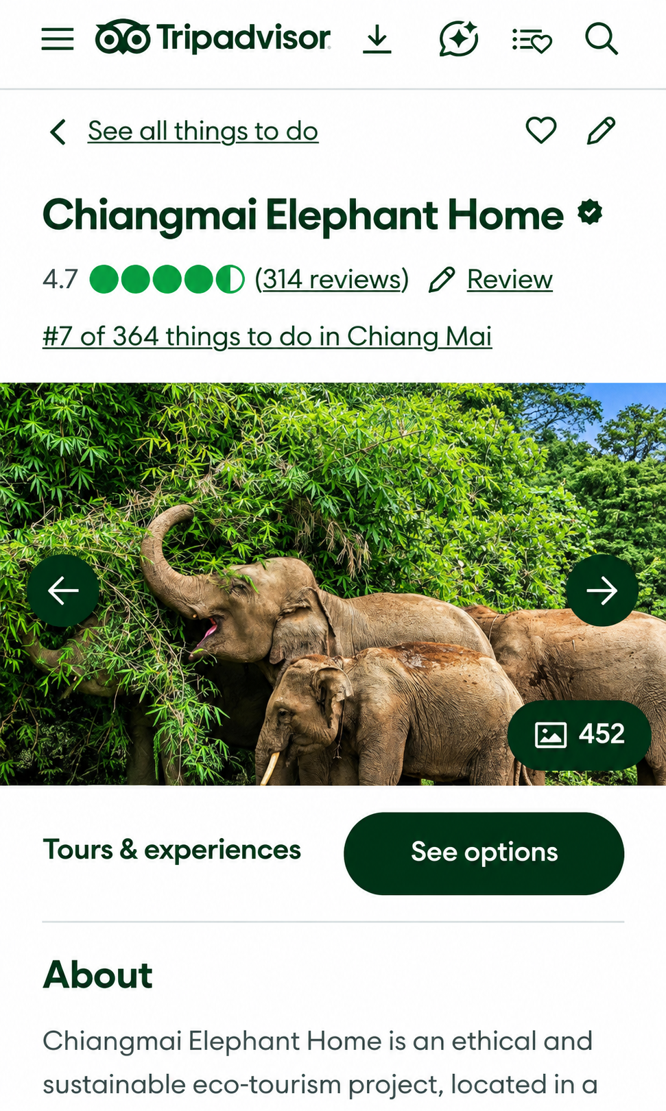 Tripadvisor listing for Chiangmai Elephant Home, rated 4.7 from 314 reviews, #7 of 364 things to do in Chiang Mai